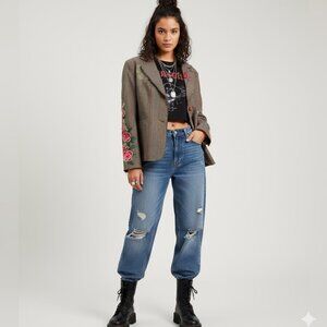 Embroidered Blazer Large Plaid & Floral Bohemian Jacket Festival Y2K Maximalist